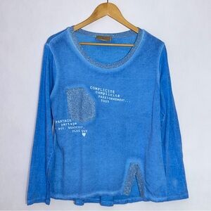 Free‎ For Humanity Women's Metallic Trim Graphic Long Sleeve Crew Neck Blue Top